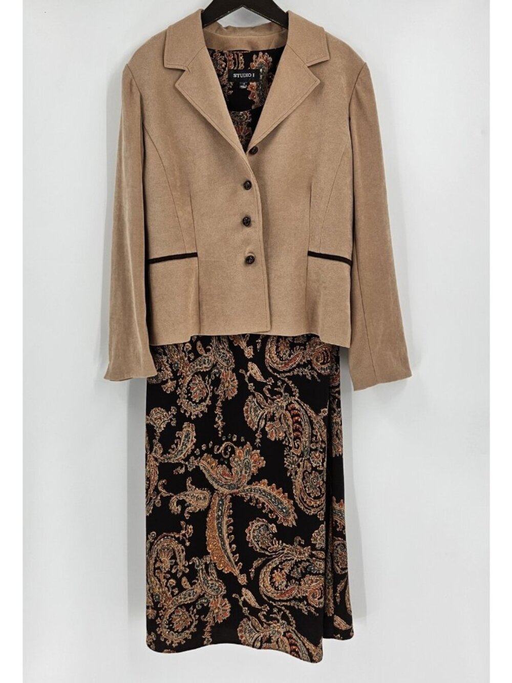 Studio I 2 Piece Jacket Dress Set Size 18 Paisley Sleeveless Dress Tan Blazer